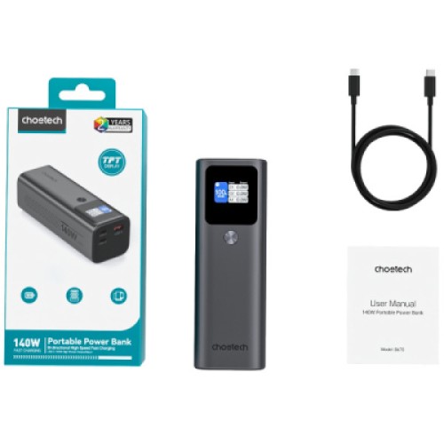 Батарея универсальная Choetech 27000mAh, PD/140W in/out, 2*USB-C/PD5.0, QC3.0/22W, TFT Display (B670-CCGY)