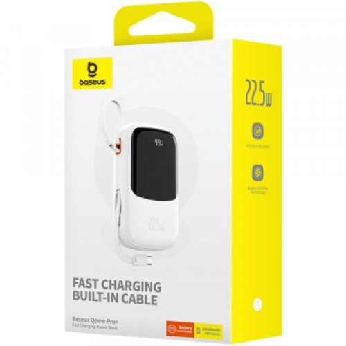 Батарея универсальная Baseus Qpow Pro+ 20000mAh 22,5W, PD/3.0, QC/3.0, FCP, AFC, built-in USB-C cable, white (P10067103213-00)