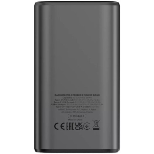 Батарея универсальная Canyon 10000mAh OnPower 130 TFT PD/30W Dark Grey (CNS-CPB130DG)
