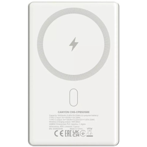 Батарея универсальная Canyon 5000mAh OnPower 505 slim Magsafe PD/20W Beige (CNS-CPB505BE)