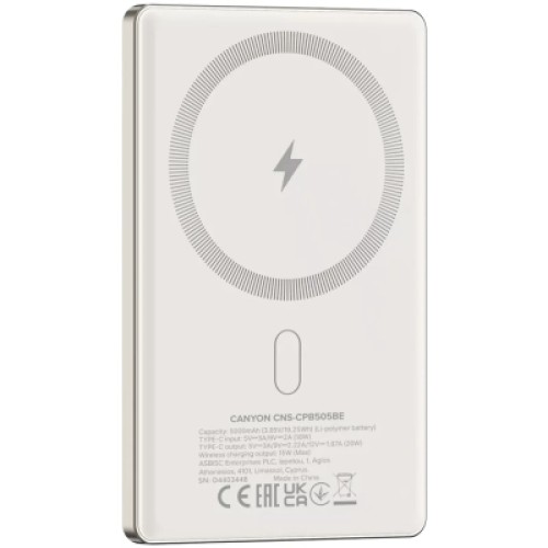 Батарея универсальная Canyon 5000mAh OnPower 505 slim Magsafe PD/20W Beige (CNS-CPB505BE)