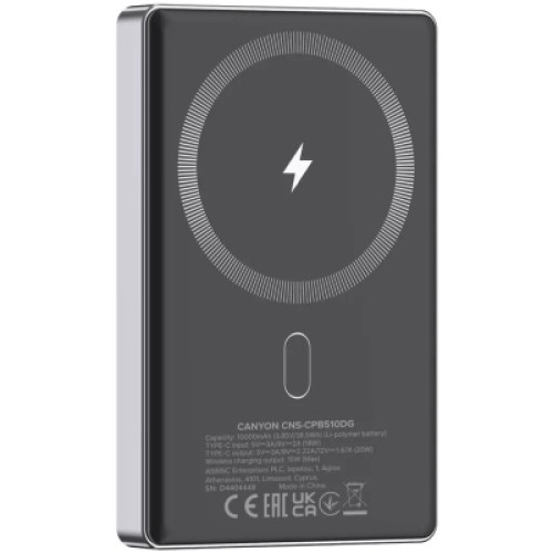 Батарея универсальная Canyon 10000mAh OnPower 510 slim Magsafe PD/20W Dark Grey (CNS-CPB510DG)