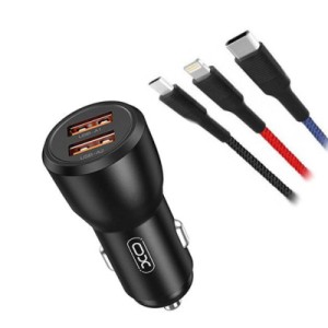 Зарядное устройство XO CC55 QC3.0 18W (2USB/2.4A) + USB - Lightning + MicroUSB + Type-C Black (XO-CC55-BK)