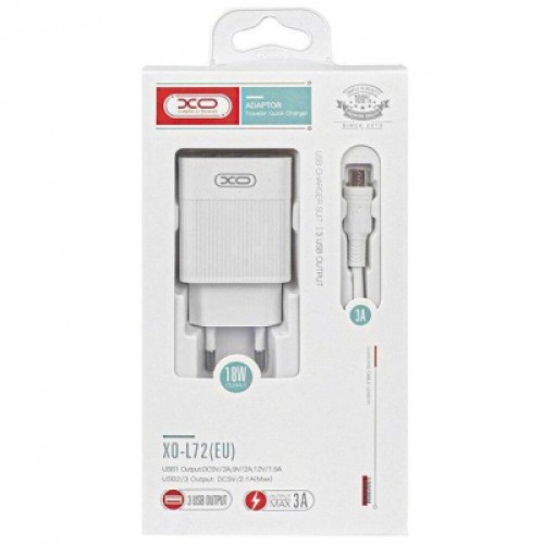 Зарядное устройство XO USB L72 (3A, QC3.0, 3 Usb) + cable Micro USB White (XO-L72-BK)