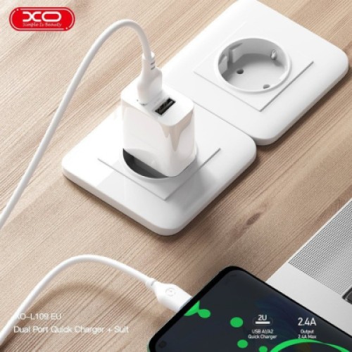 Зарядное устройство XO L109 12W (2USB/2.4A) + USB - MicroUSB White (XO-L109-M)