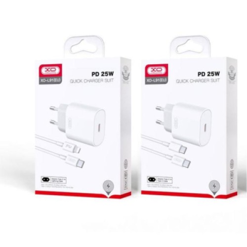 Зарядное устройство XO L91EU 1хType-C PD25W + cable Type-C to Lightning White (L91i-WH)