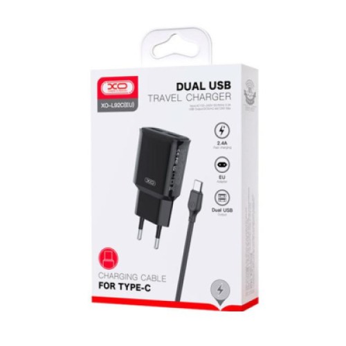 Зарядное устройство XO L92C (2USB/2.4A) + USB - Type-C Чорний (XO-L92C-T)