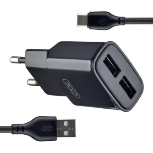 Зарядное устройство XO L92C (2USB/2.4A) + USB - Type-C Чорний (XO-L92C-T)