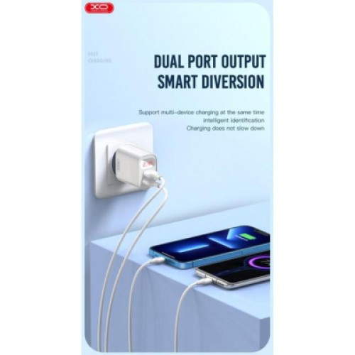 Зарядное устройство XO L95 (2USB/2.4A) + USB - Lightning White (XO-L95-L)