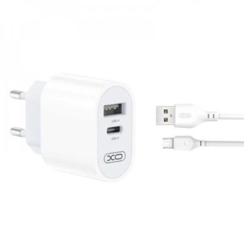 Зарядное устройство XO L97 (1Type-C/1USB/2.4A) + USB - MicroUSB White (XO-L97-MC)