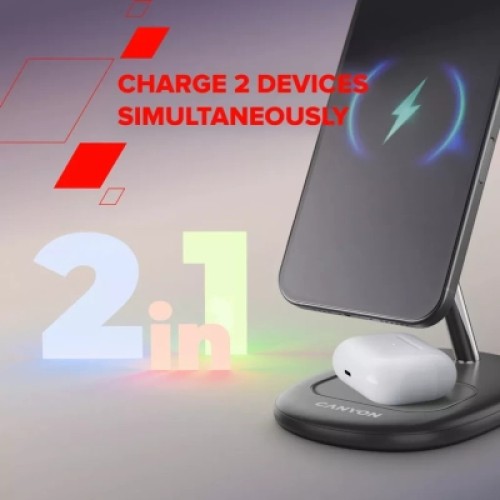 Зарядное устройство Canyon wireless charger WCS-205 15W Qi2 2in1 w/o adapter Black (CNS-WCS205BW/A)