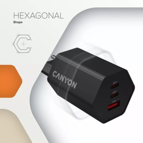 Зарядное устройство Canyon HEXAGON 65 GaN 65W 2xPD 1xQC EU Black (CND-CHAHEX65B)
