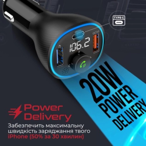 FM модулятор Promate PowerTune 38w USB-A OTG/USB-A QC3.0/USB-C PD Black (powertune-38w.black)