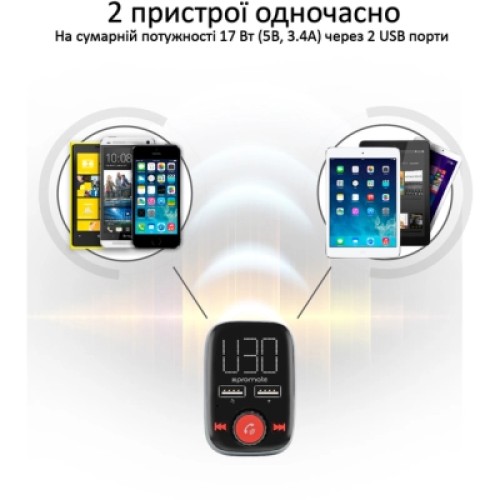 FM модулятор Promate SmarTune 3 BLUETOOTH/AUX/SD/USB 2XUSB 3.4 A BLACK (smartune-3.black)
