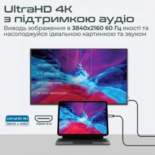 Кабель мультимедийный USB-C to HDMI hdmi-pd100.grey Promate (hdmi-pd100.grey)