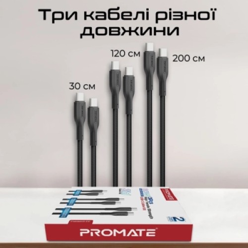 Дата кабель USB-C to USB-C cablekit-cc.black Promate (cablekit-cc.black)