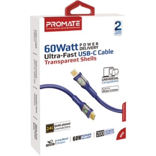 Дата кабель USB-C to USB-C transline-cc200.navy Promate (transline-cc200.navy)