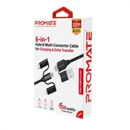 Дата кабель USB 2.0 AM to Lightning + Micro 5P + Type-C pentapower.black Promate (pentapower.black)