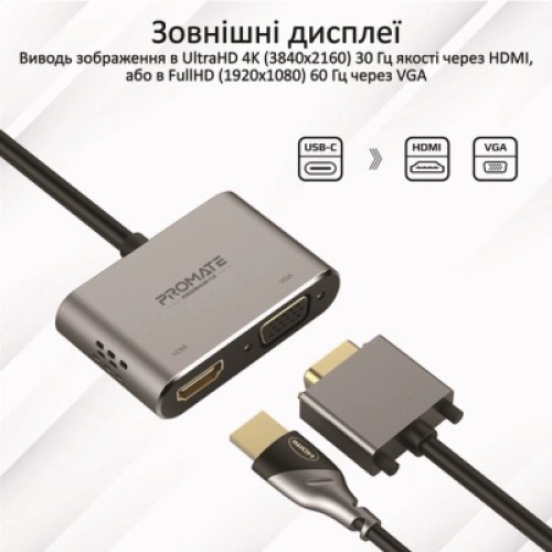 Переходник USB-C to HDMI/VGA mediahub-c2.grey Promate (mediahub-c2.grey)