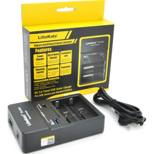 Зарядное устройство для аккумуляторов Liitokala 2 Slots, USB1/QC/3.0, USB2/2.4A, NiMHC(R14)/SC/AA/AAA/17670, Li-ion10440...26650 (Lii-TR2000)