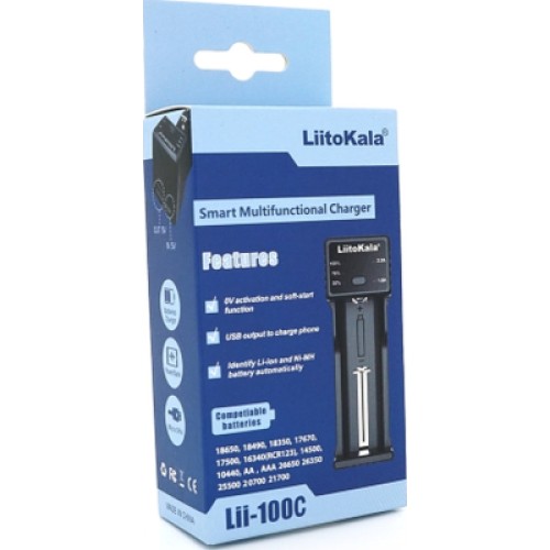 Зарядное устройство для аккумуляторов Liitokala 1 Slot, LED disp, USB, Li-ion/3.7V/3.8V, Li-Fe/3.2V, Ni-MH/1.2V (Lii-100C)