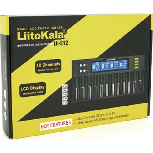 Зарядное устройство для аккумуляторов Liitokala 12 Slots+2, Ni-Mh/Li-ion/LiFePo4/Крона, LED+LCD (Lii-S12)