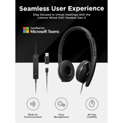 Наушники Lenovo Wired ANC Headset Gen 2 (Teams) Black (4XD1M45627)