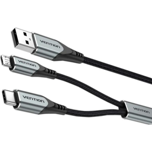 Дата кабель USB 2.0 AM to Micro 5P + Type-C 0.5m Y-Splitter 480Mbps Aluminum Alloy Gray Vention (CQGHD)