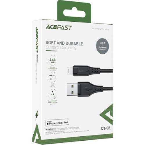 Дата кабель USB 2.0 AM to Lightning 1.2m 2.4A TPE C3-02 Black Acefast (6974316280828)