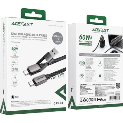 Дата кабель USB-C to USB-C/A 1.2m 3.0A zink alloy C13-04 Black Acefast (6974316282334)