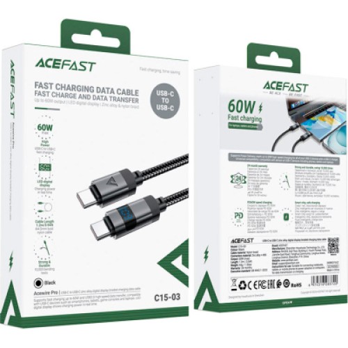 Дата кабель USB-C to USB-C 1.2m 60W digital display C15-03 Black Acefast (6974316283720)