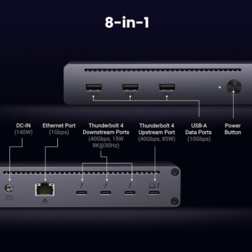 Концентратор Ugreen Thunderbolt 4 to 3xTh.4/3xUSBA 3.2/RJ45 Gigabit/140W ARevodok Max 8-in-1 U708 (25053EU)