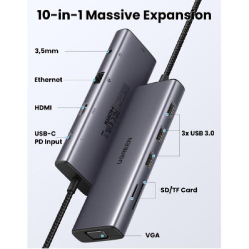 Концентратор Ugreen USB3.1 Type-C to HDMI/VGA/USB 3.0х3/RJ45/SD/TF/PD/35мм TRRS 100W 10-in-1 (15601)