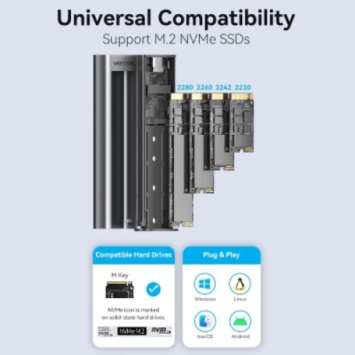 Карман внешний Vention SSD M.2 (NVME) M-key USB Type-C 3.2 10Gbps Heat Sink Aluminum (KPKH0)