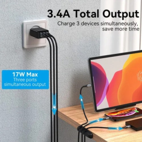 Зарядное устройство Vention 3xUSB A 12W Black (FEAB0-EU)