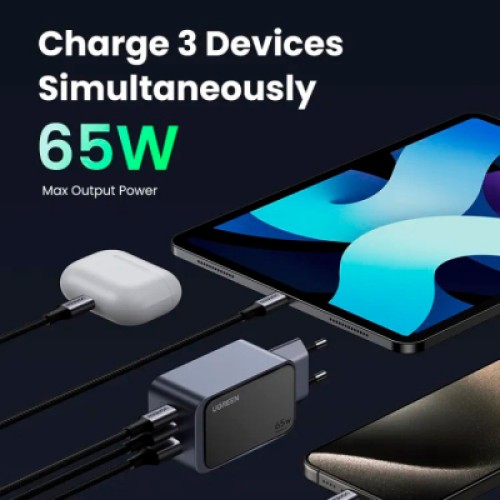 Зарядное устройство Ugreen 3xUSB 65W (2xUSB-C+USB-A) Gan Nexode Fast Charger Grey X553 (35042)