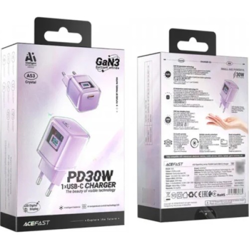 Зарядное устройство Acefast 1xUSB-C 30W Gan A53 Fast Charger alfalfa purple (6974316282365)