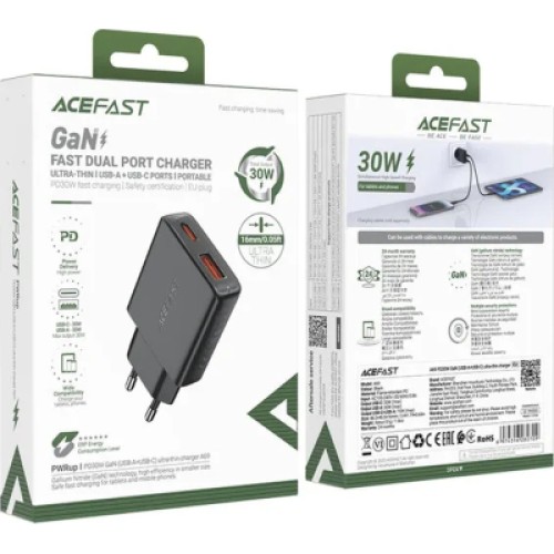 Зарядное устройство Acefast 2xUSB 30W (USB-C+USB-A) Gan A69 ultra-thin Fast Charger Black (6974316282709)