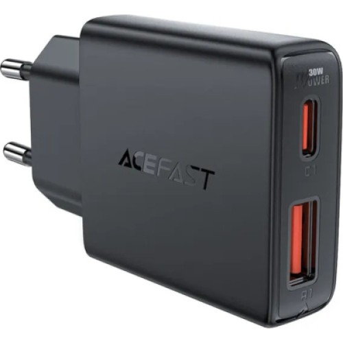 Зарядное устройство Acefast 2xUSB 30W (USB-C+USB-A) Gan A69 ultra-thin Fast Charger Black (6974316282709)