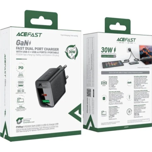 Зарядное устройство Acefast 2xUSB 30W (USB-C+USB-A) Gan A98 Black (6974316283263)