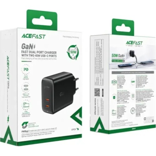 Зарядное устройство Acefast 2xUSB 50W (USB-C+USB-C) Gan A29 Fast Charger Black (6974316281443)