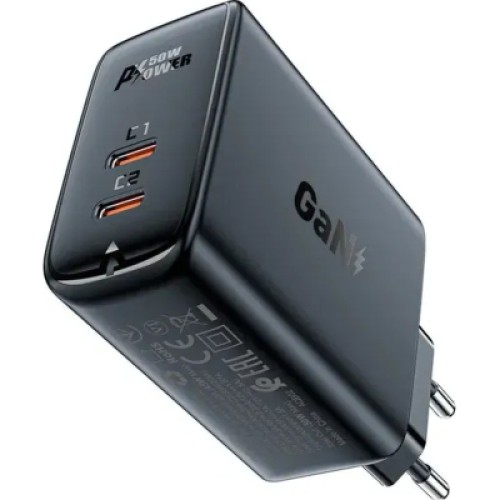 Зарядное устройство Acefast 2xUSB 50W (USB-C+USB-C) Gan A29 Fast Charger Black (6974316281443)