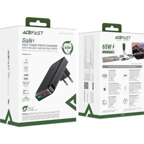 Зарядное устройство Acefast 3xUSB 65W (2xUSB-C+USB-A) Gan A100 Fast Charger Ultra thin black (6974316283492)