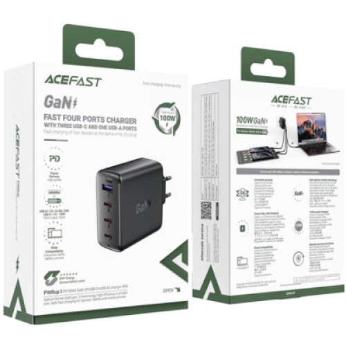 Зарядное устройство Acefast 4xUSB 100W (3xUSB-C+USB-A) Gan A94 Fast Charger Black (6974316283133)
