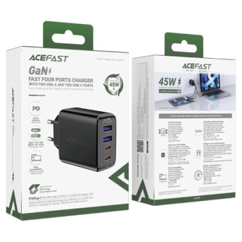 Зарядное устройство Acefast 4xUSB 45W (2xUSB-C+2xUSB-A) Gan A61 Fast Charger Black (6974316282754)