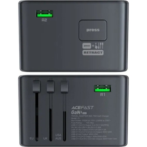 Зарядное устройство Acefast 5xUSB 75W (3xUSB-C + 2xUSB-A) Gan Z1 Fast Charger (6974316282495)