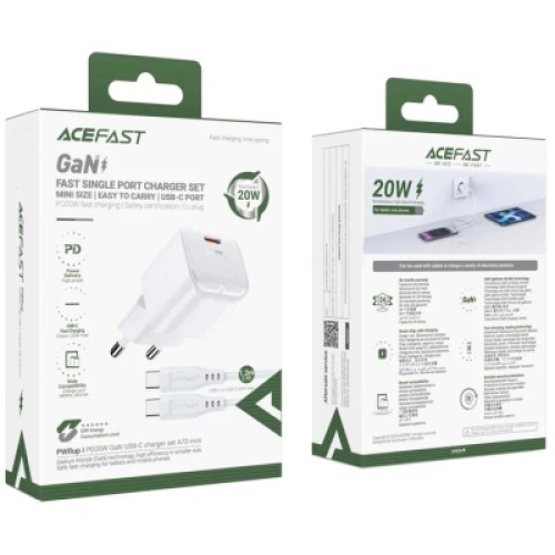 Зарядное устройство Acefast USB-C 20W Gan A73 mini + USB-C cable Fast Charger White (6974316282655)