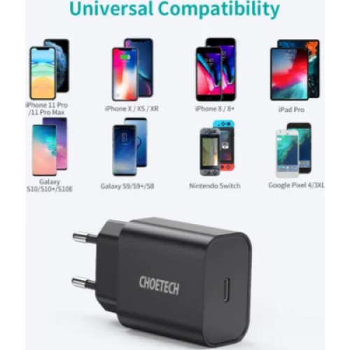 Зарядное устройство Choetech 1xUSB 20W (1 USB-C) PD matte wall charger black (Q5004-EU-BK)