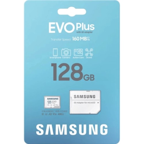 Карта памяти Samsung 128 GB microSDXC Class 10 UHS-I U3 V30 A2 EVO Plus+SD Adapte (MC128SA/EU)