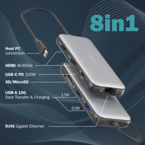 Порт-репликатор Digitus USB-C > 2xHDMI/2xUSB-A/USB-C/SD/MicroSD/RJ54 (DA-70915)